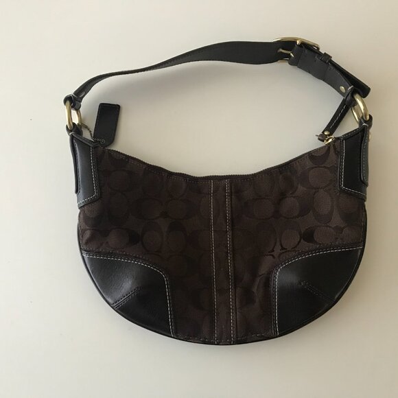 Coach Signature Small Hobo Shoulder Bag / Demi Bag - Brown Jacquard & Leather - Picture 2 of 5